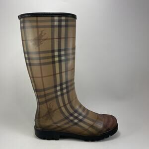 Burberry Haymarket Check Rain Boots Womens Size 39 US 9 Brown PVC Tall Plaid